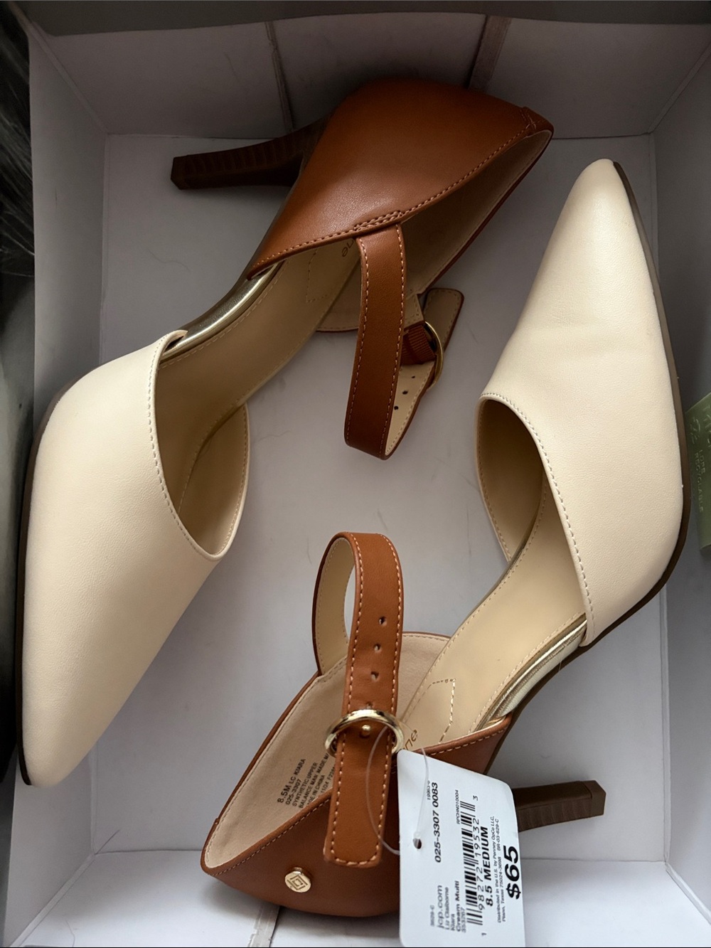 Liz Claiborne Two-Tone Pointed Toe Slingback Heels in Cream and Brown